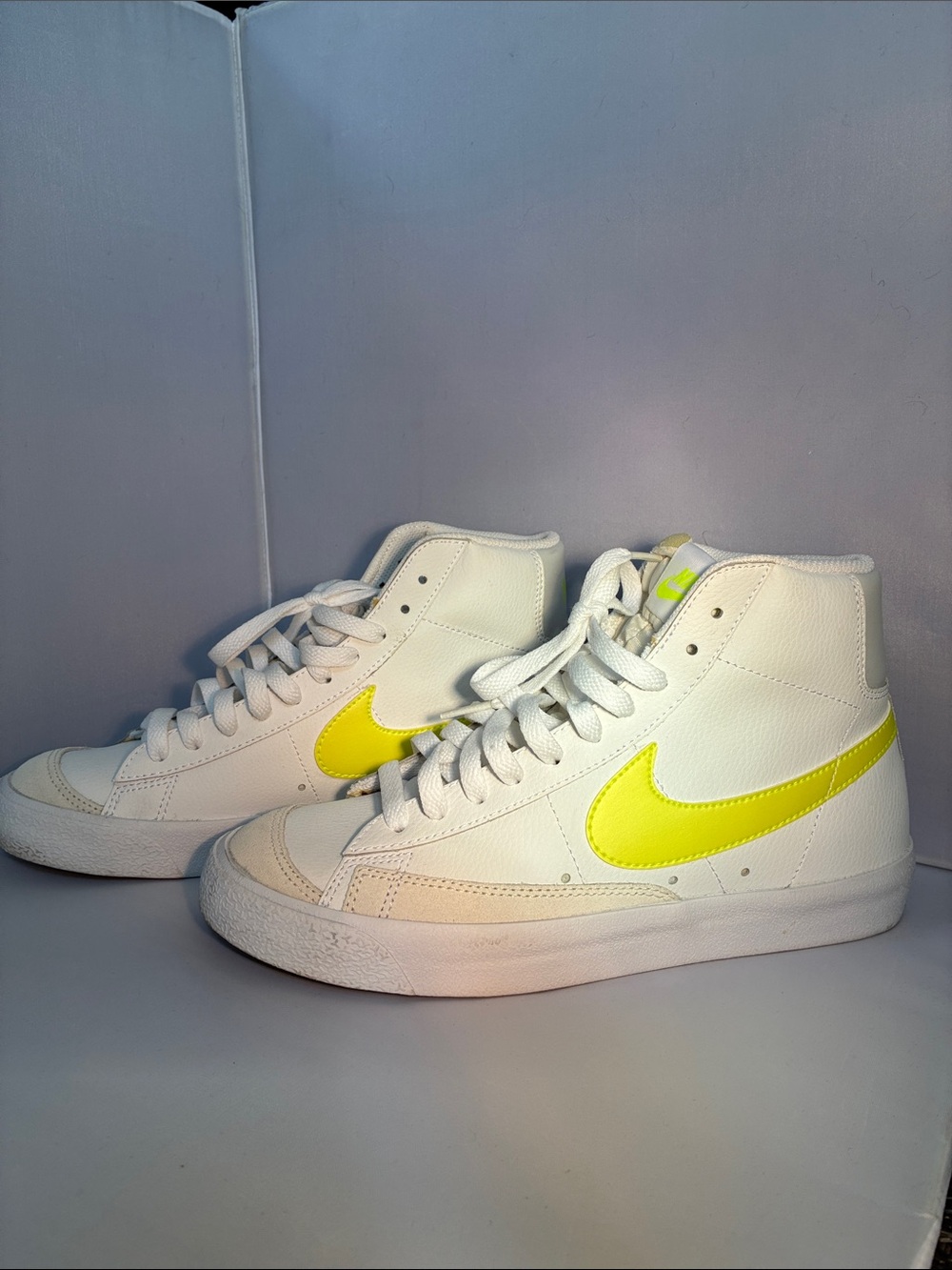 Nike White High-Top Sneakers with Neon Yellow Swoosh